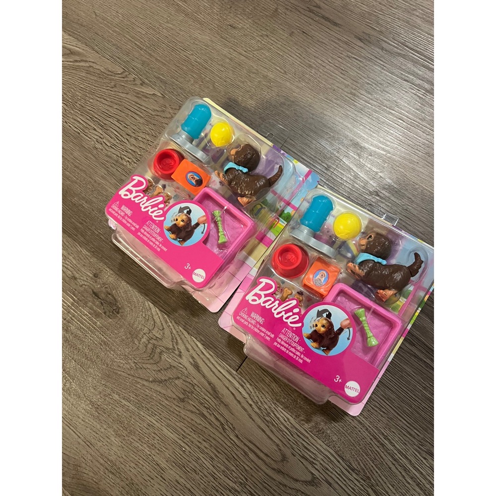 Lot of 2 Barbie Pet Accessory Sets Brown Puppy Dog Bowl Bone Mattel HKD82 NEW